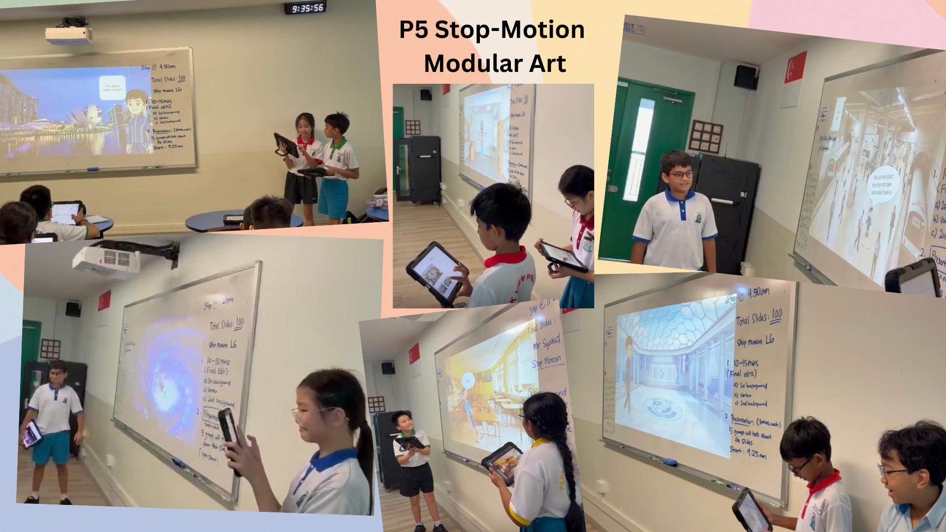 Collage of students presenting their stop motion projects in class